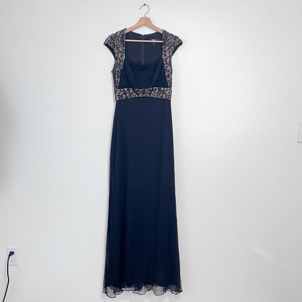 Tadashi Collection Black Nude Beaded Silk Chiffon Evening Maxi Gown Dress Size 8 - Picture 2 of 13